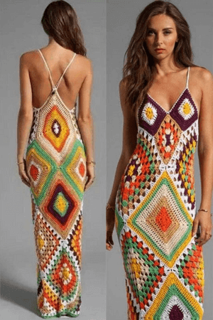 Handmade Crochet Dress, Bohemian Dress, Midi Dress , Sleeveless Tank Dress, Festival Dress, Summer Beach Dress, Granny Square Crochet Dress