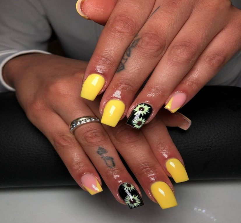 Maroon Yellow summer Sunflower Nail Designs