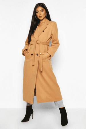 LONGLINE DOUBLE BREASTED BELTED WOOL LOOK COAT