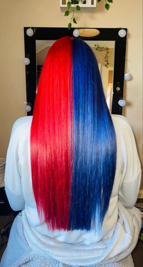 red and blue split hair dye