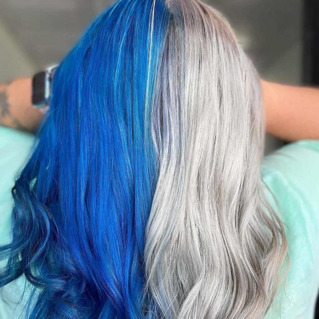 Perfect grey and blue split hair dye