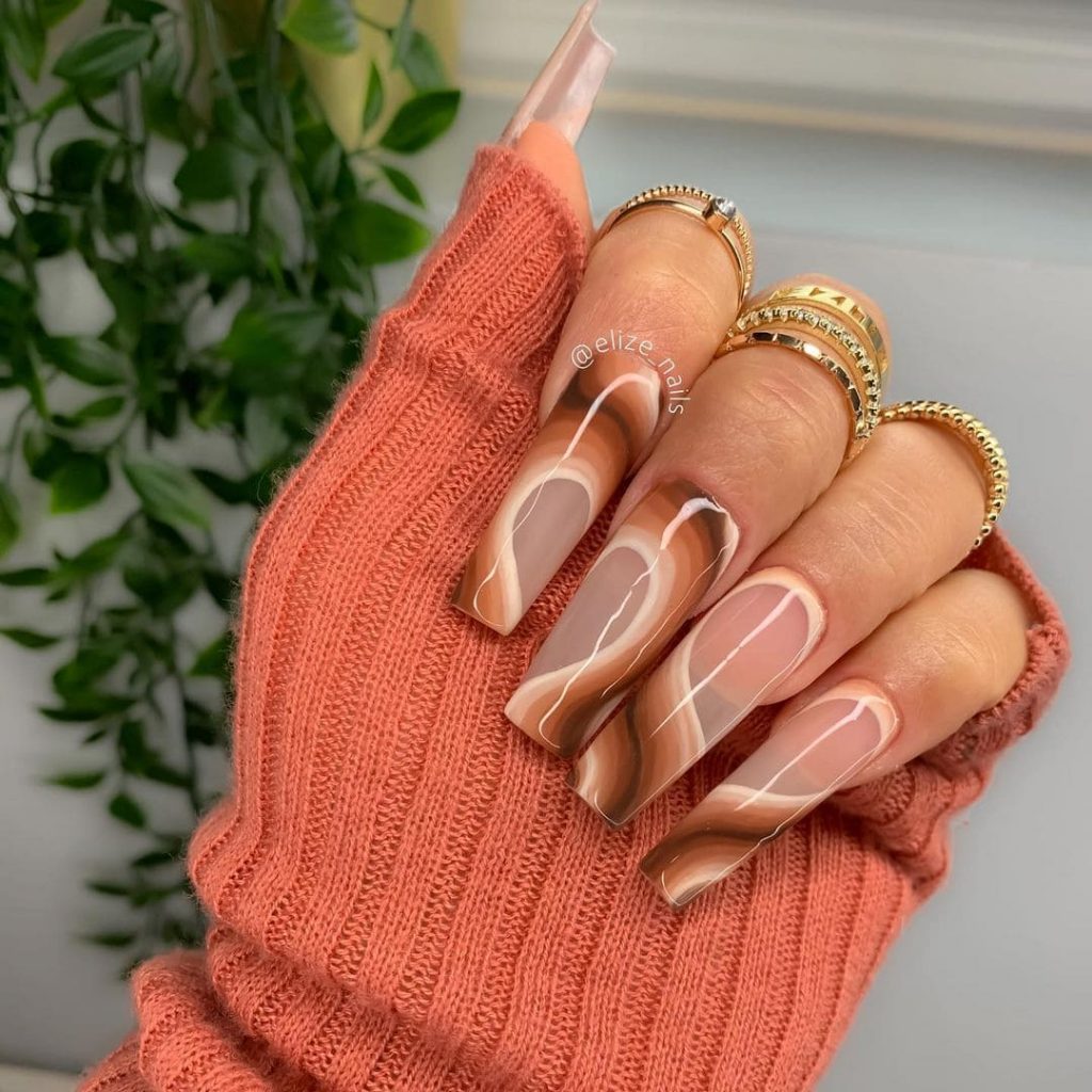 Matte Coffee Swirl brown nails