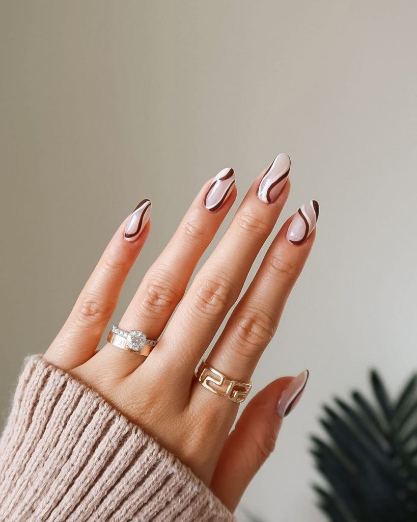 Brown and White Swirl Nails