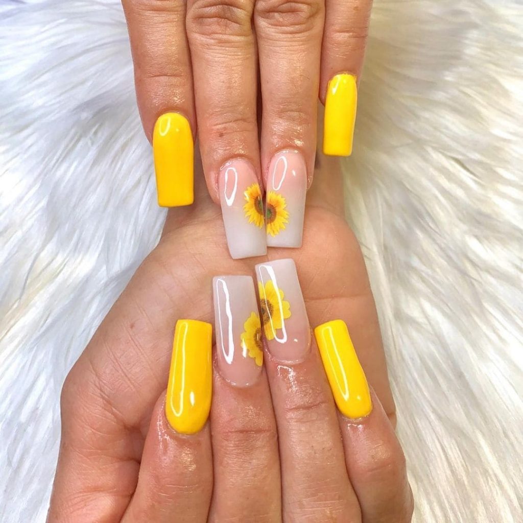 Bright Yellow summer Sunflower Nail Art