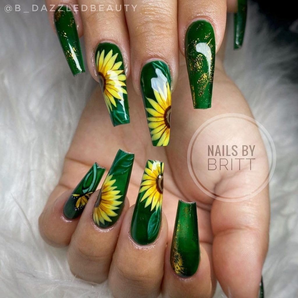 Dark Green Sunflower Nails