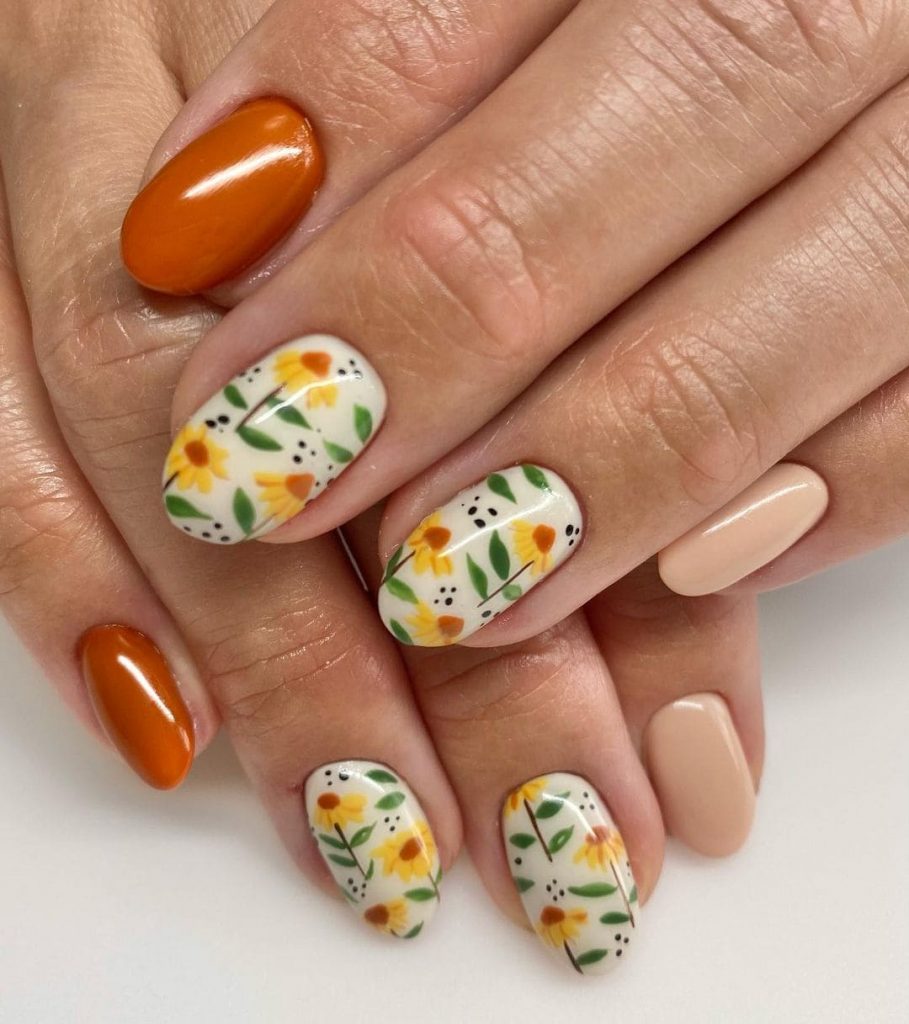 White Orange Cream Sunflower Nail