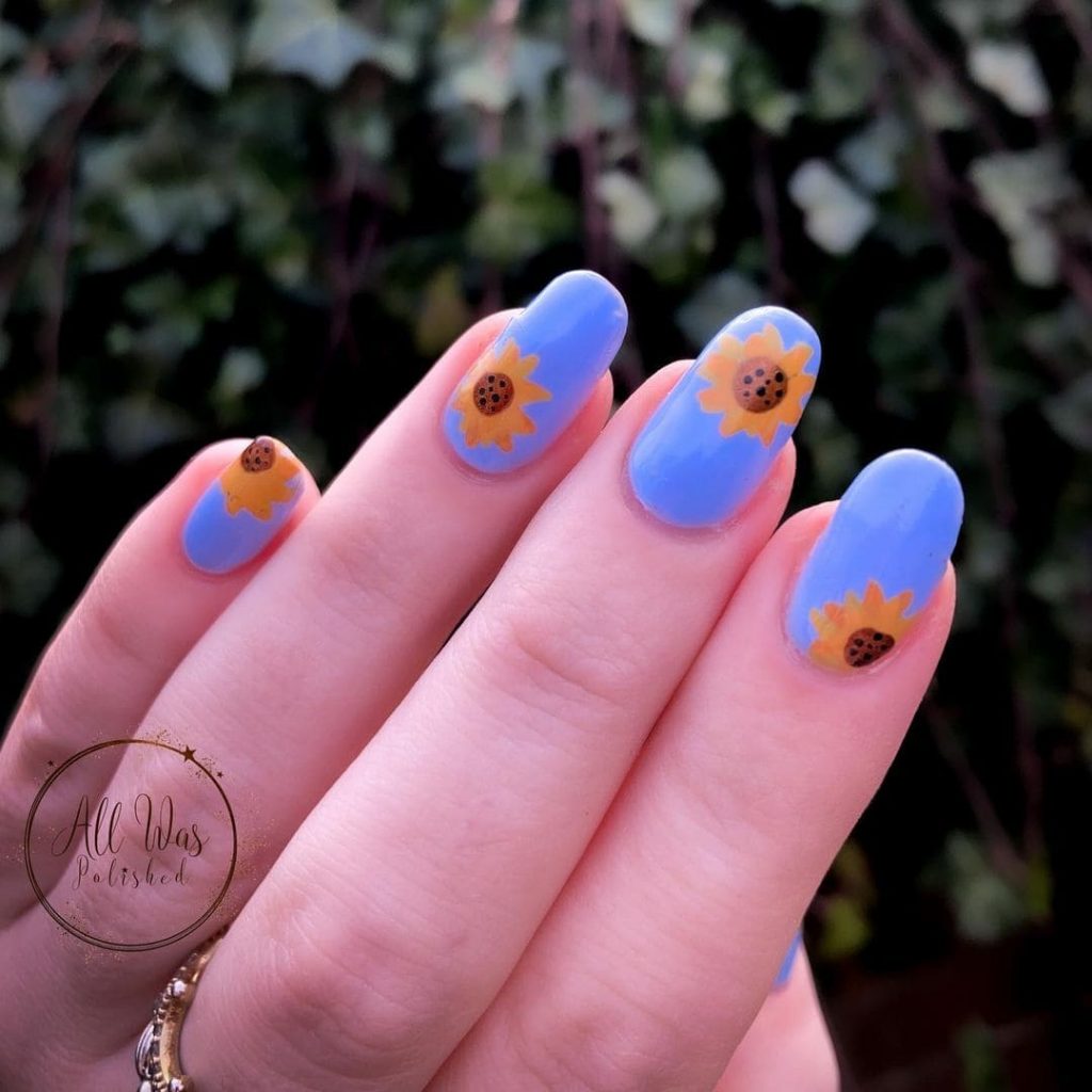 Sky Blue Sunflower Nails