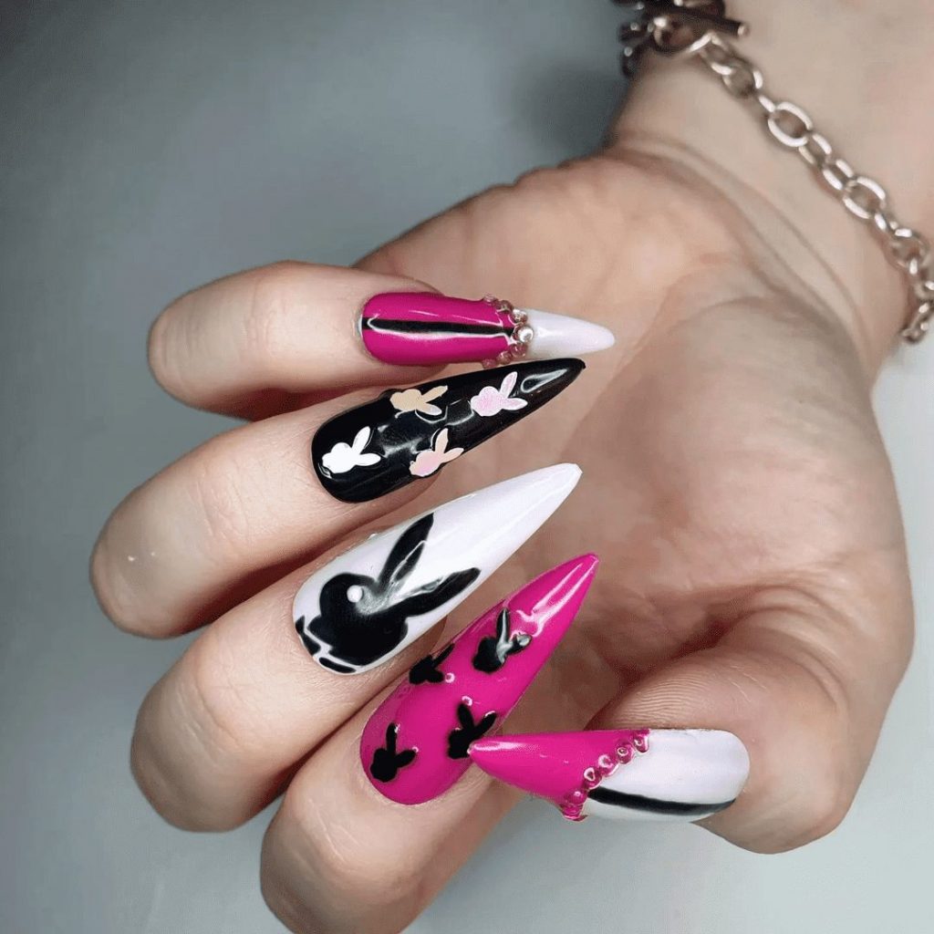 black and pink playboy nails