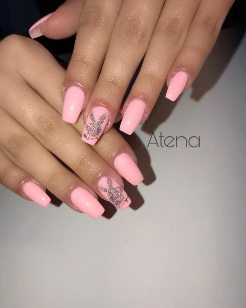 Pink playboy Glitter Bunny Nails