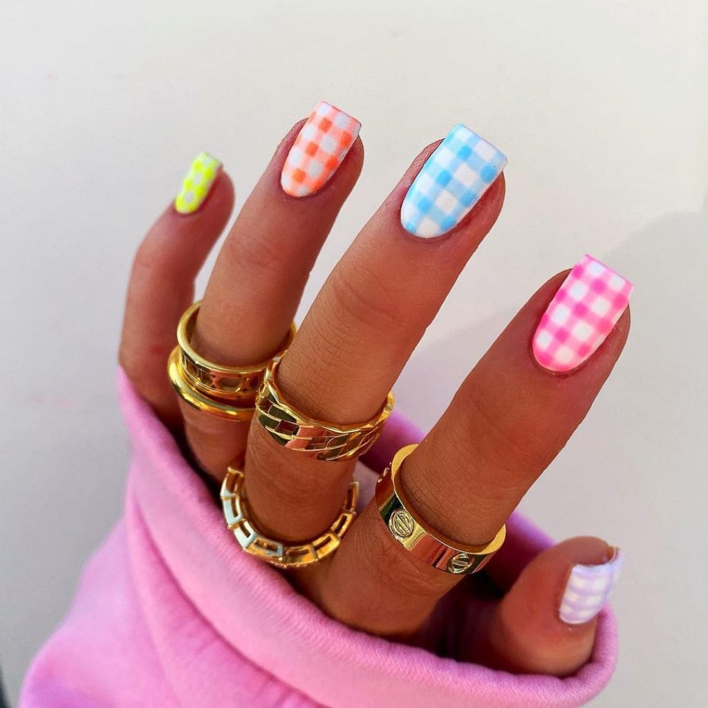 yellow, orange, blue, pink and purple bright summer nails