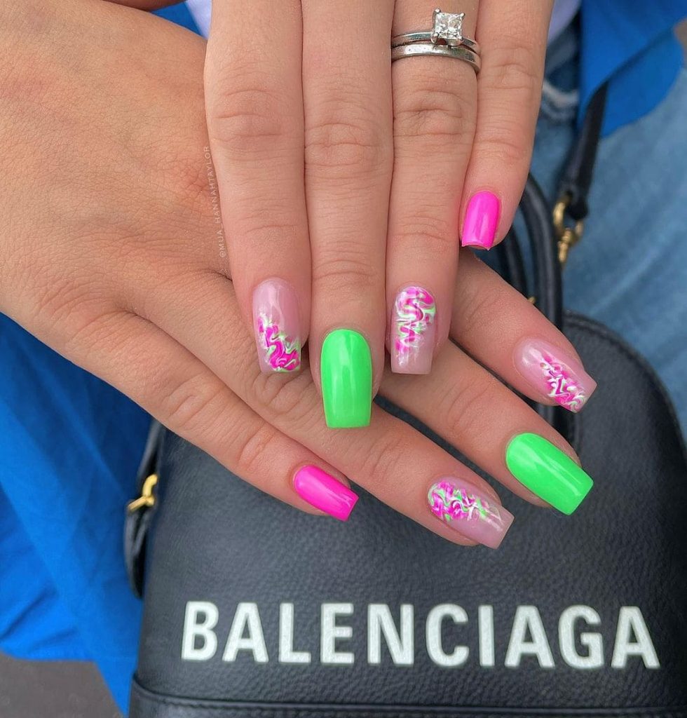 baddie pink and green bright summer nails