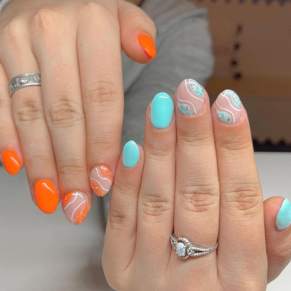 orange and blue bright summer nails