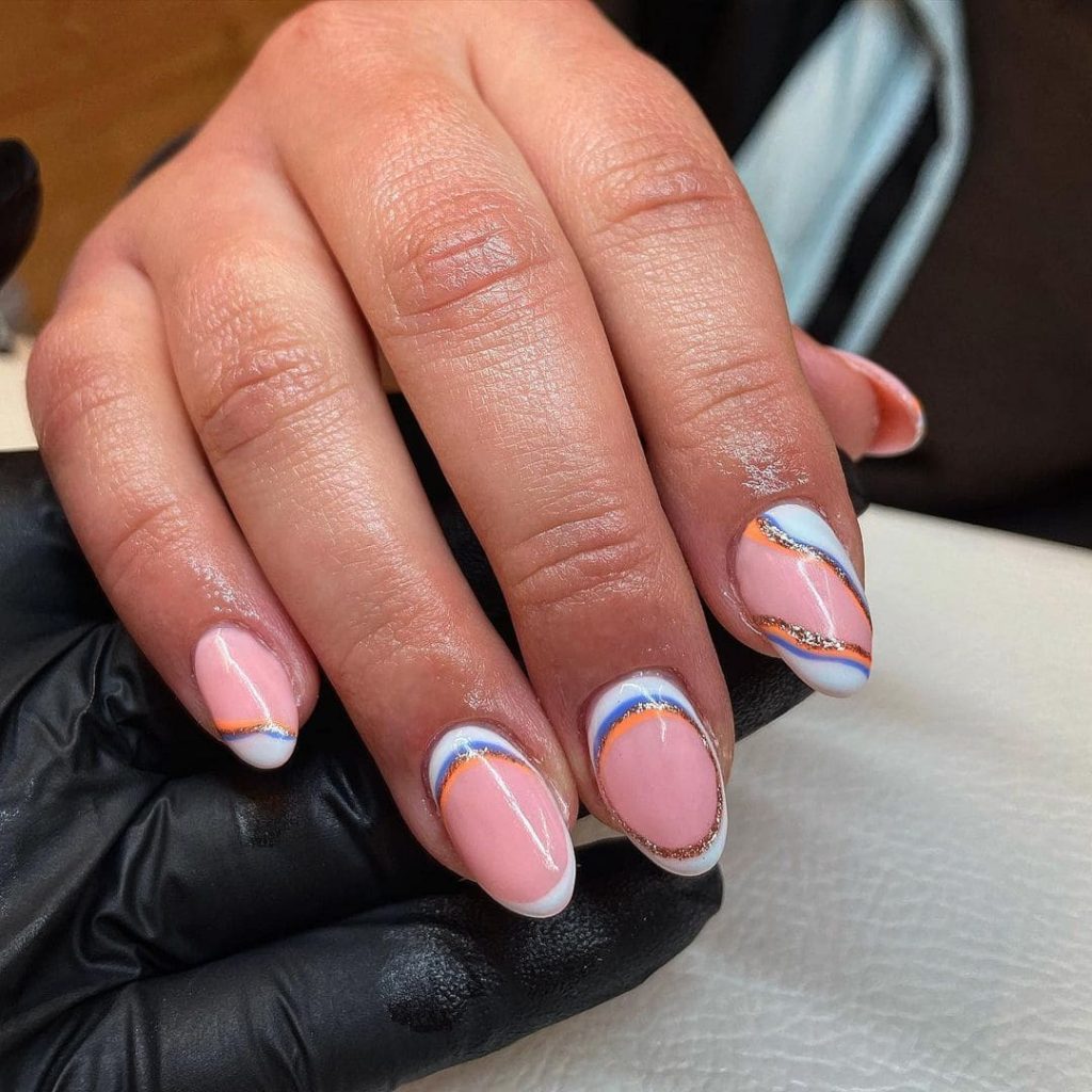 pink, white and orange marble nails design