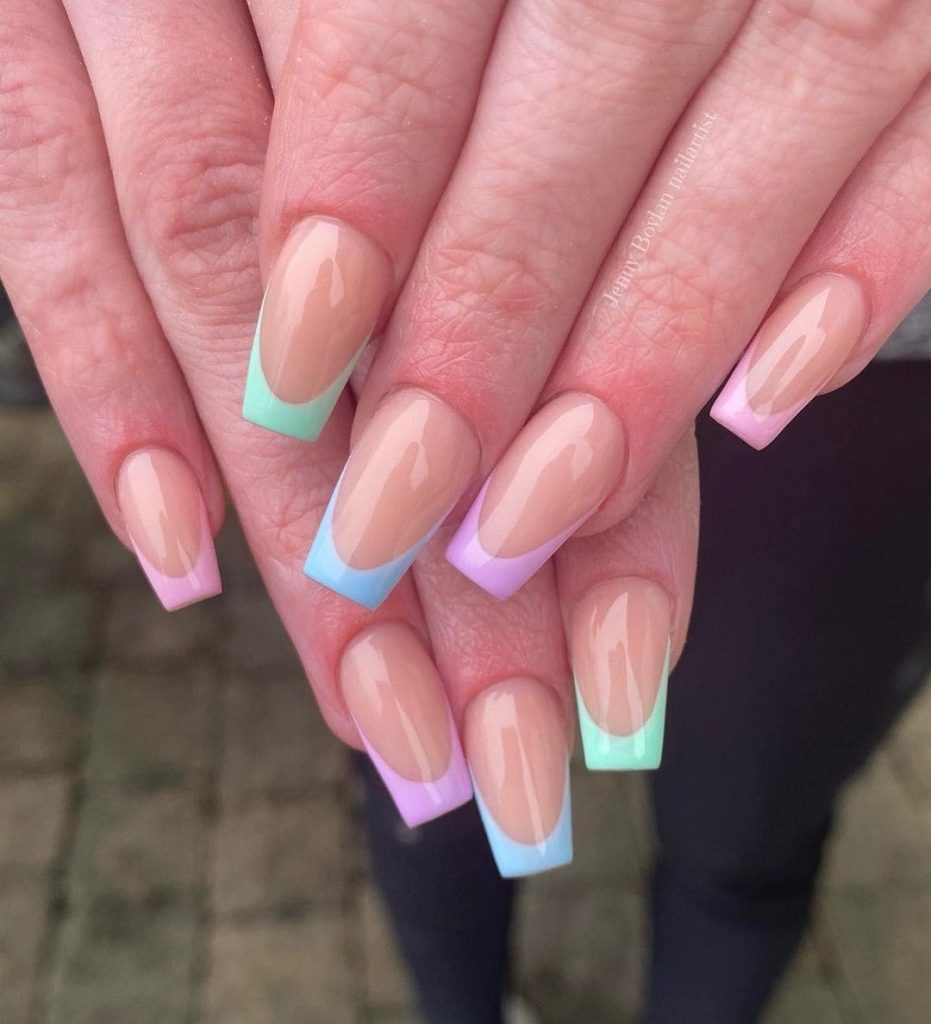 blue and pink french nail tip design