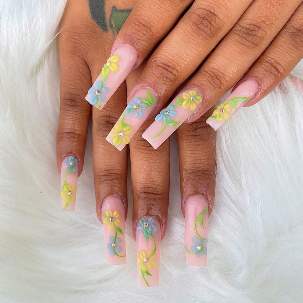 Long Floral Spring Nail Design