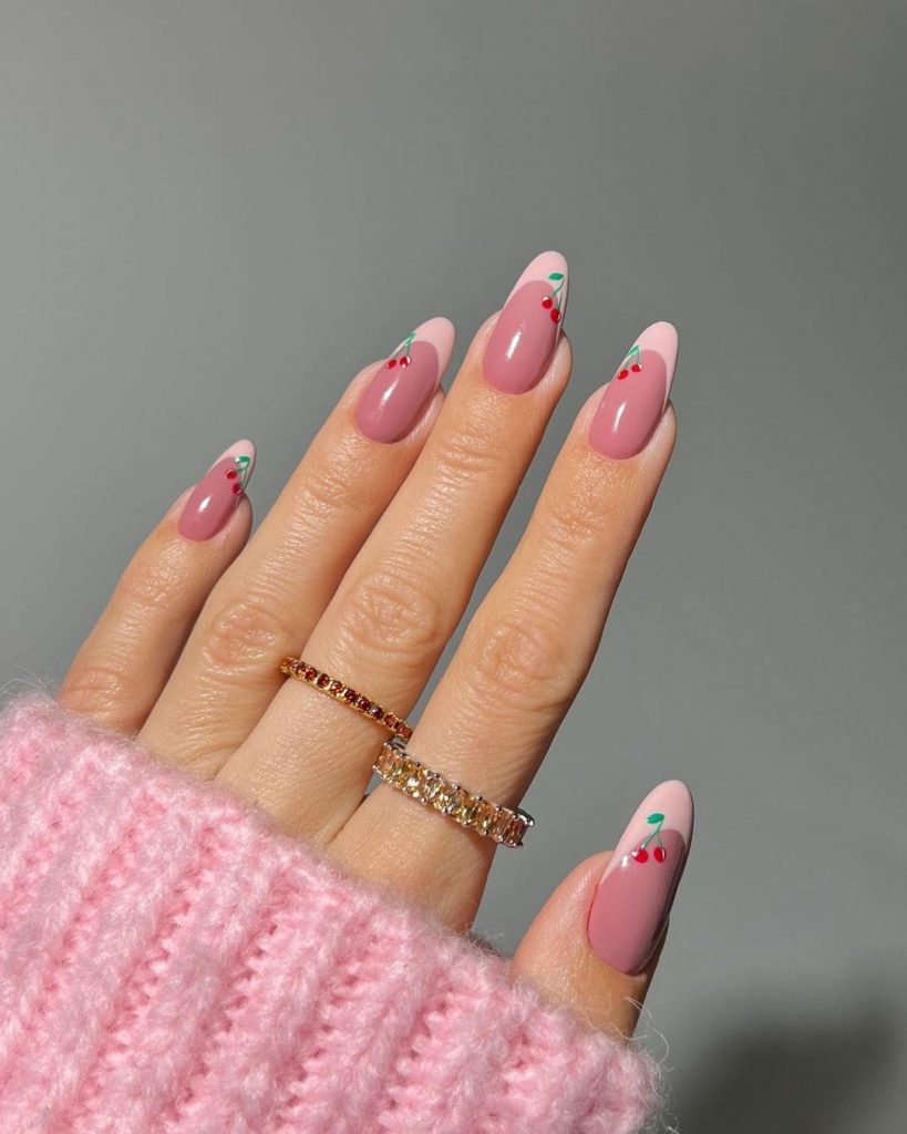 Unique Pink Cherry Almond Nail Design