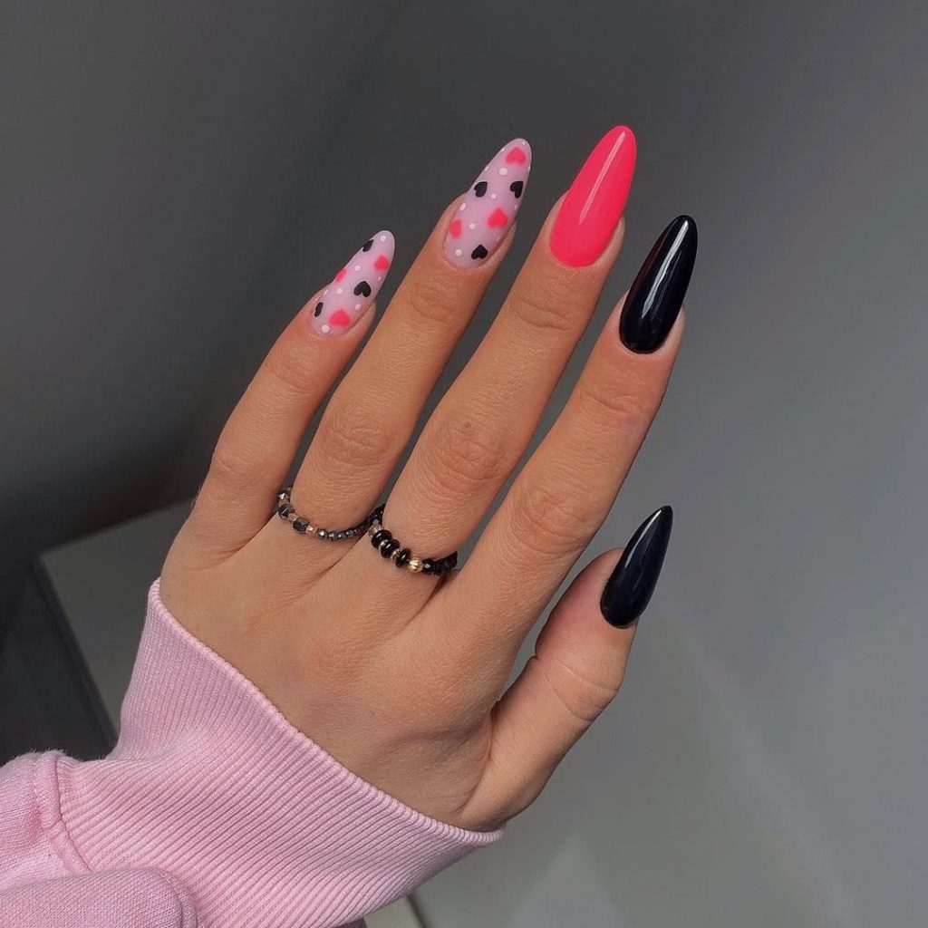 Pink and Black Heart Almond Nails Design