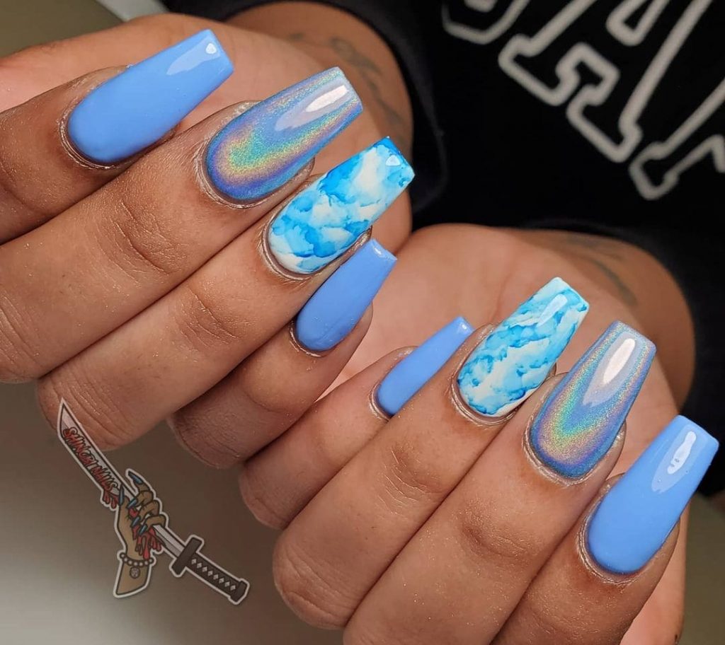 Gel and Blue Marble Rainbow Coffin Nails