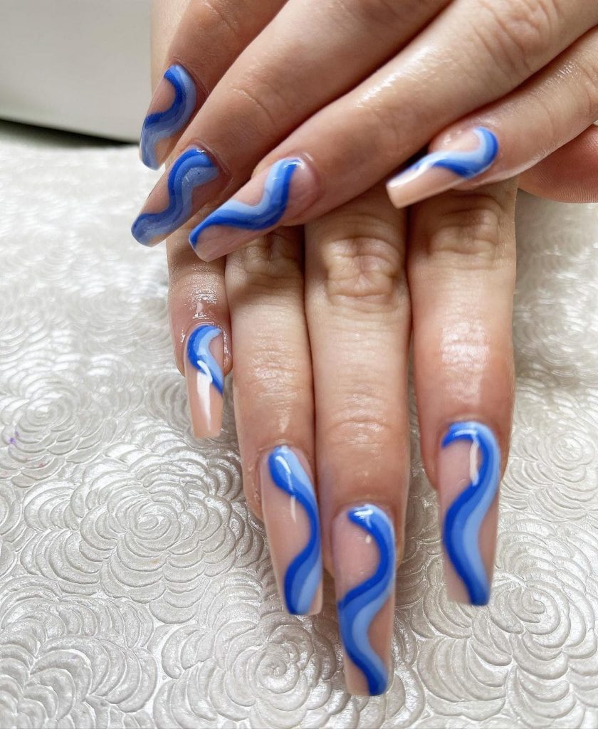 Long Blue Coffin Marble Nails