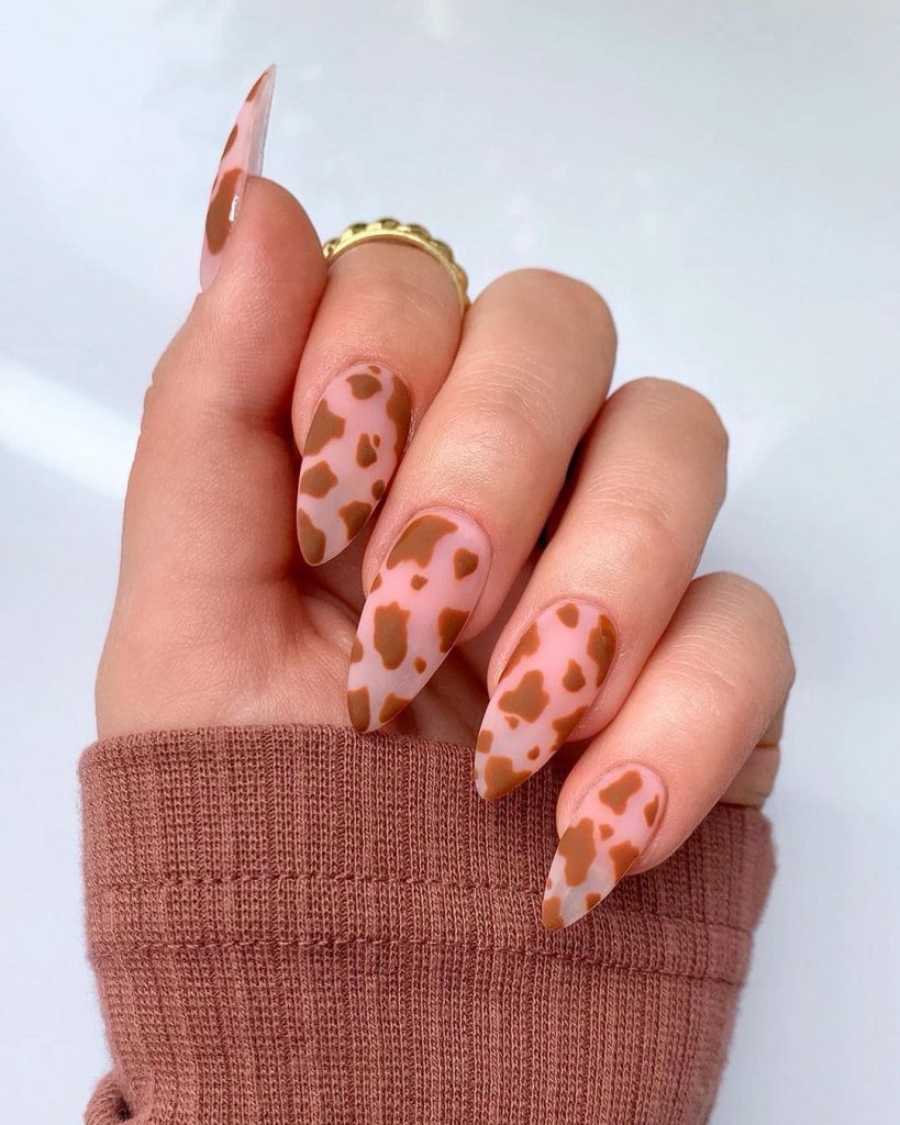 Almond Shape Matte Brown Cow Print Nails 