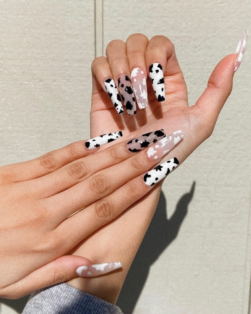 Long Acrylic Cow Print Nails 